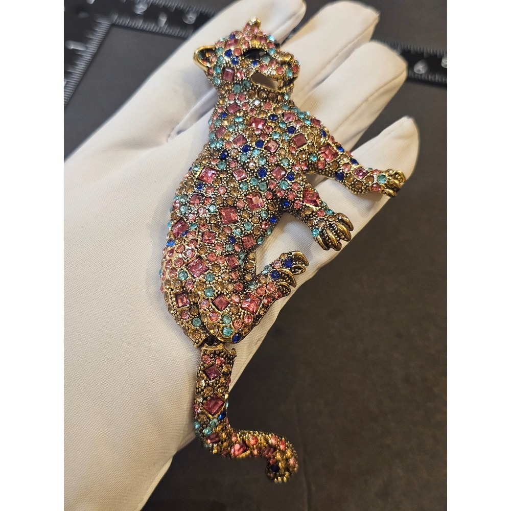 LARGE Panther Brooch Multicolor Articulated Tail Maximalist Animalier Big Cat